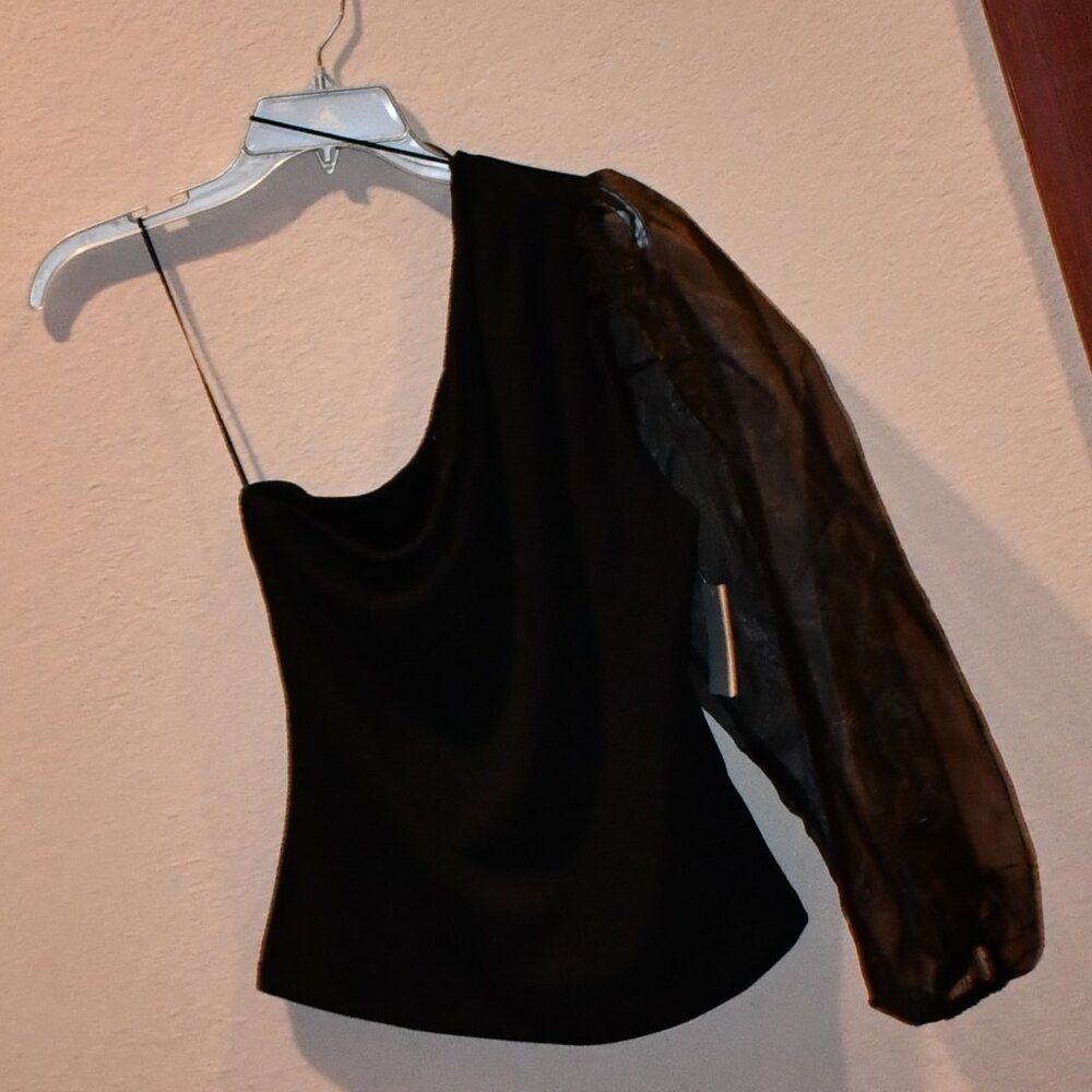 The LINE of Style Women's Black One Shoulder Puff Sheer Sleeve Shirt NWT Sz L